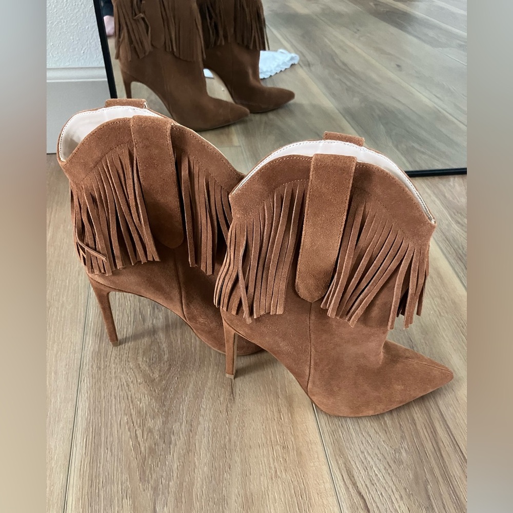 RAYE Tan Suede Fringe Pointed Toe Boots